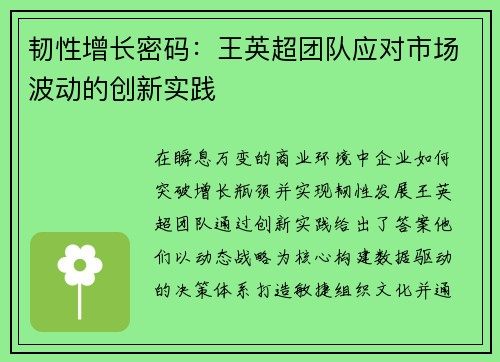韧性增长密码：王英超团队应对市场波动的创新实践