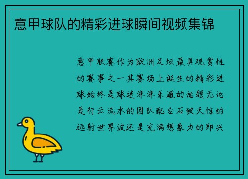 意甲球队的精彩进球瞬间视频集锦
